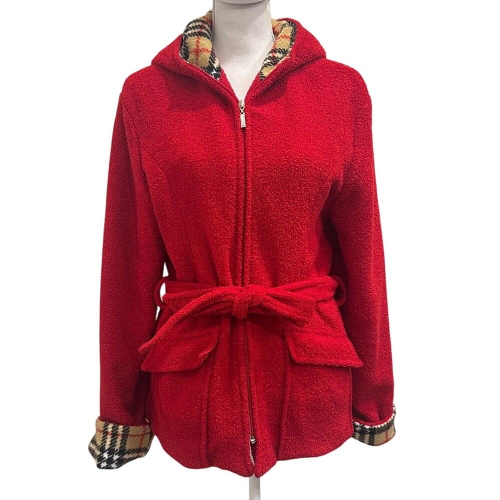 Sandro Red Boucle Teddy Tie-Waist Hooded‎ Coat Plaid Check Accent Preppy Medium